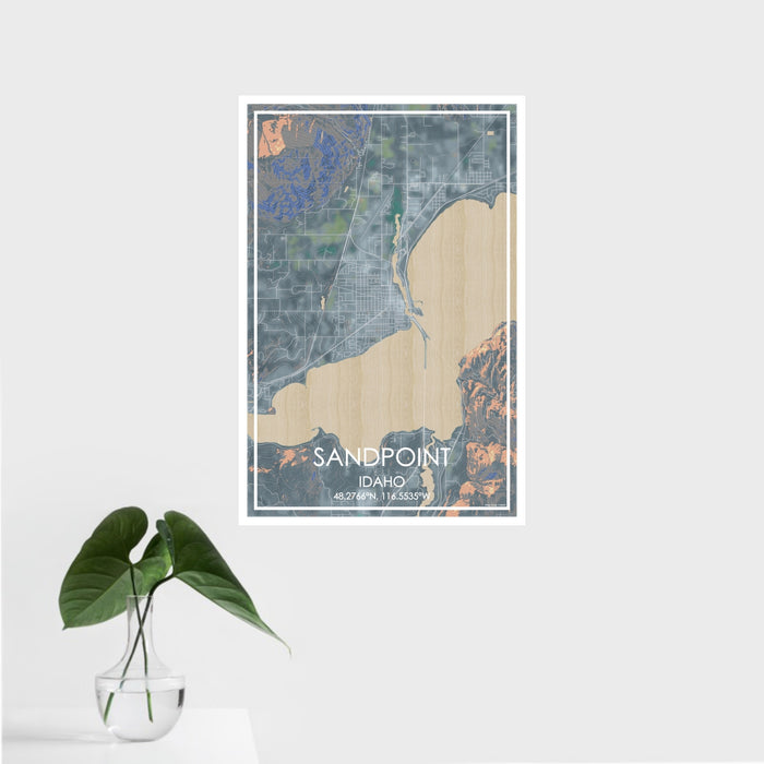 16x24 Sandpoint Idaho Map Print Portrait Orientation in Afternoon Style With Tropical Plant Leaves in Water