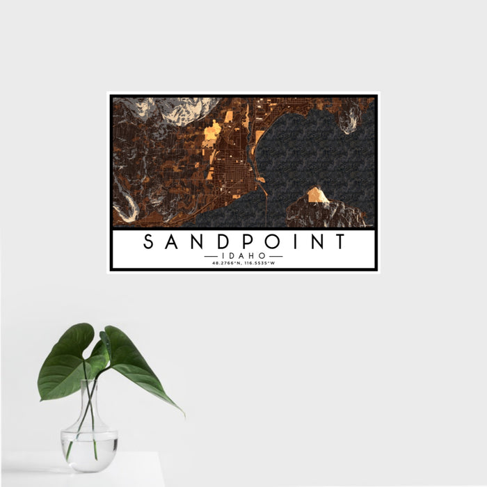 16x24 Sandpoint Idaho Map Print Landscape Orientation in Ember Style With Tropical Plant Leaves in Water