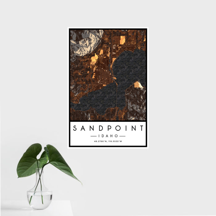 16x24 Sandpoint Idaho Map Print Portrait Orientation in Ember Style With Tropical Plant Leaves in Water