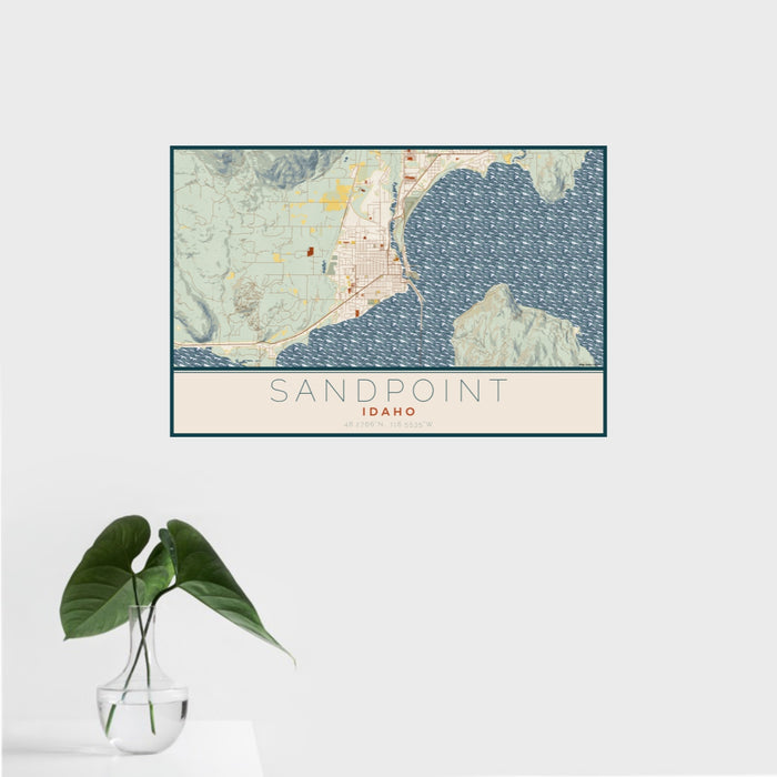 16x24 Sandpoint Idaho Map Print Landscape Orientation in Woodblock Style With Tropical Plant Leaves in Water