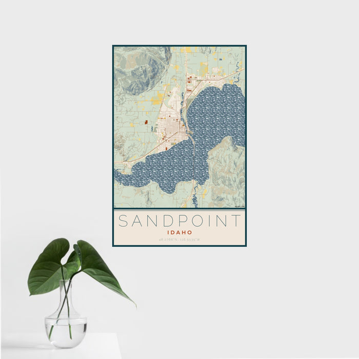 16x24 Sandpoint Idaho Map Print Portrait Orientation in Woodblock Style With Tropical Plant Leaves in Water