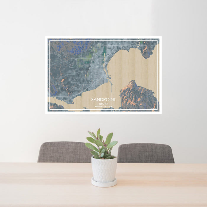 24x36 Sandpoint Idaho Map Print Lanscape Orientation in Afternoon Style Behind 2 Chairs Table and Potted Plant