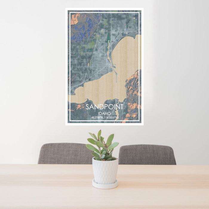 24x36 Sandpoint Idaho Map Print Portrait Orientation in Afternoon Style Behind 2 Chairs Table and Potted Plant