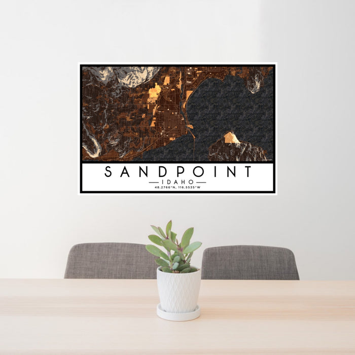 24x36 Sandpoint Idaho Map Print Lanscape Orientation in Ember Style Behind 2 Chairs Table and Potted Plant