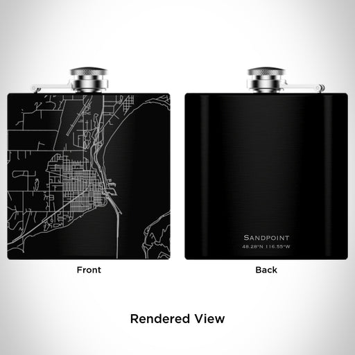 Rendered View of Sandpoint Idaho Map Engraving on 6oz Stainless Steel Flask in Black