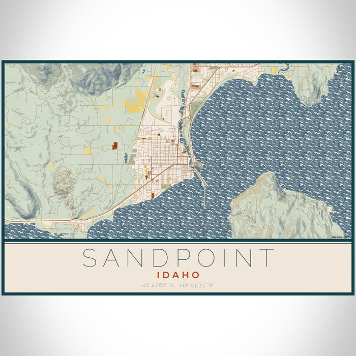 Sandpoint Idaho Map Print Landscape Orientation in Woodblock Style With Shaded Background