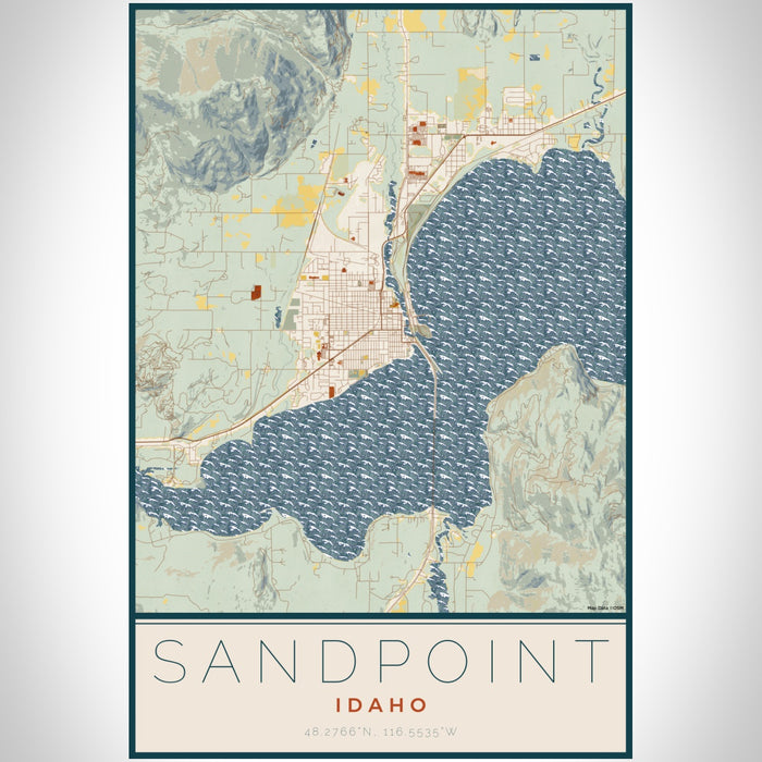 Sandpoint Idaho Map Print Portrait Orientation in Woodblock Style With Shaded Background