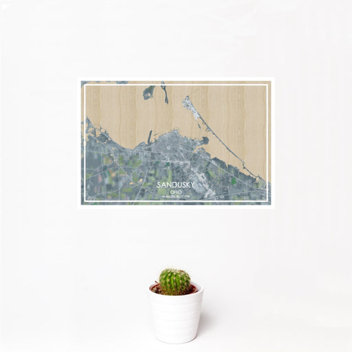 12x18 Sandusky Ohio Map Print Landscape Orientation in Afternoon Style With Small Cactus Plant in White Planter
