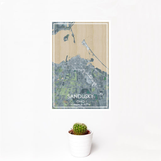 12x18 Sandusky Ohio Map Print Portrait Orientation in Afternoon Style With Small Cactus Plant in White Planter