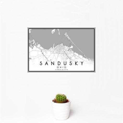 12x18 Sandusky Ohio Map Print Landscape Orientation in Classic Style With Small Cactus Plant in White Planter