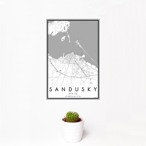 12x18 Sandusky Ohio Map Print Portrait Orientation in Classic Style With Small Cactus Plant in White Planter
