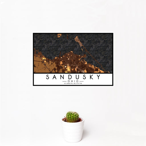 12x18 Sandusky Ohio Map Print Landscape Orientation in Ember Style With Small Cactus Plant in White Planter