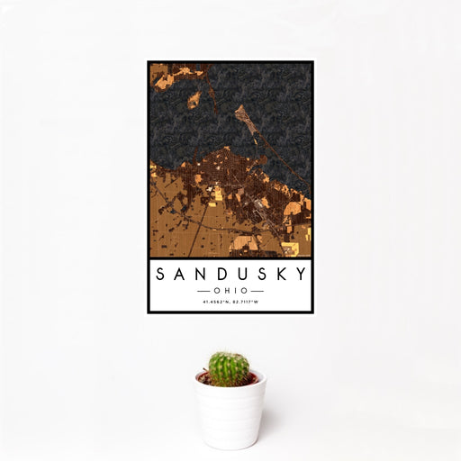12x18 Sandusky Ohio Map Print Portrait Orientation in Ember Style With Small Cactus Plant in White Planter
