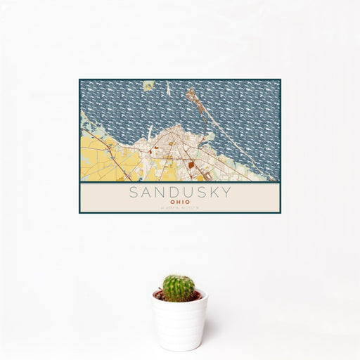 12x18 Sandusky Ohio Map Print Landscape Orientation in Woodblock Style With Small Cactus Plant in White Planter