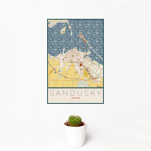 12x18 Sandusky Ohio Map Print Portrait Orientation in Woodblock Style With Small Cactus Plant in White Planter