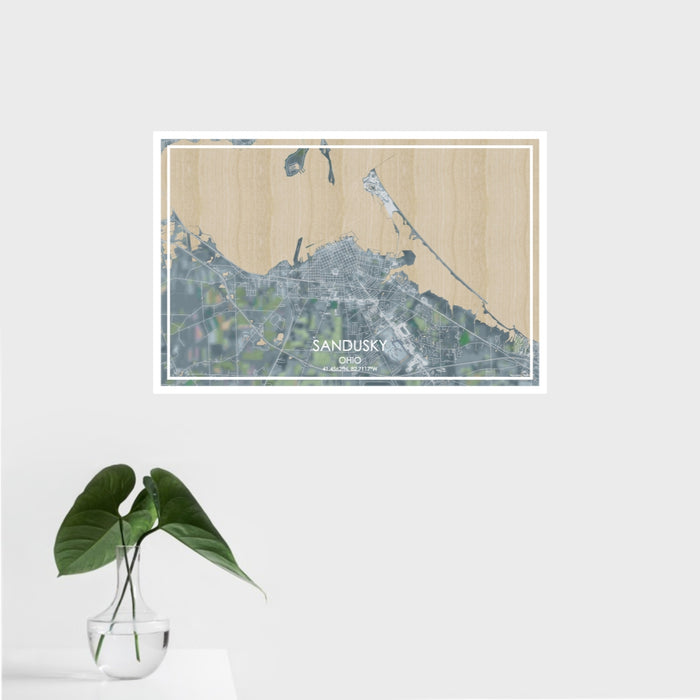 16x24 Sandusky Ohio Map Print Landscape Orientation in Afternoon Style With Tropical Plant Leaves in Water