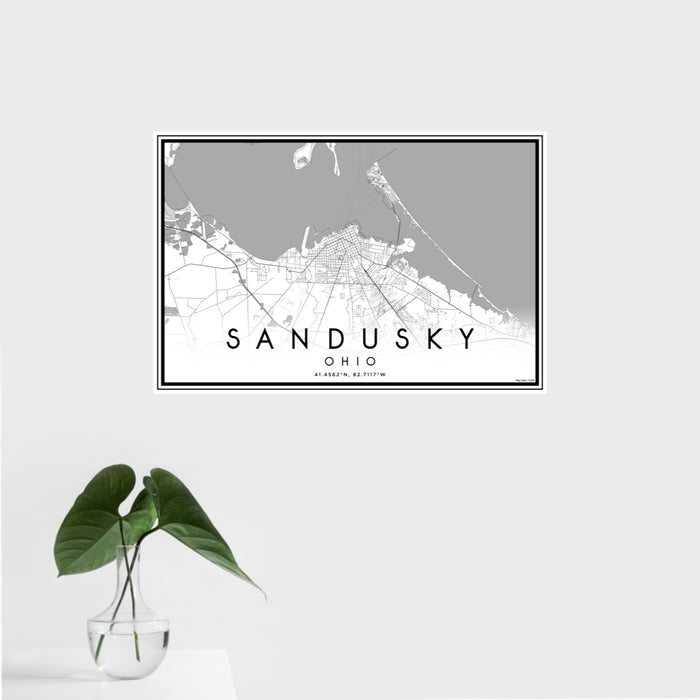 16x24 Sandusky Ohio Map Print Landscape Orientation in Classic Style With Tropical Plant Leaves in Water