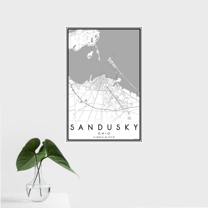 16x24 Sandusky Ohio Map Print Portrait Orientation in Classic Style With Tropical Plant Leaves in Water