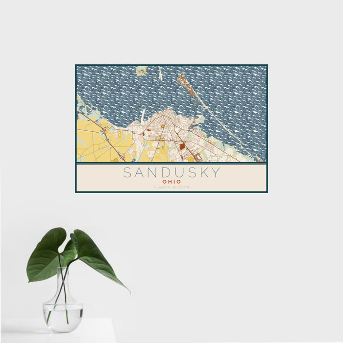 16x24 Sandusky Ohio Map Print Landscape Orientation in Woodblock Style With Tropical Plant Leaves in Water