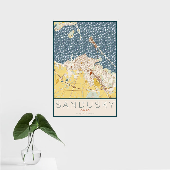 16x24 Sandusky Ohio Map Print Portrait Orientation in Woodblock Style With Tropical Plant Leaves in Water