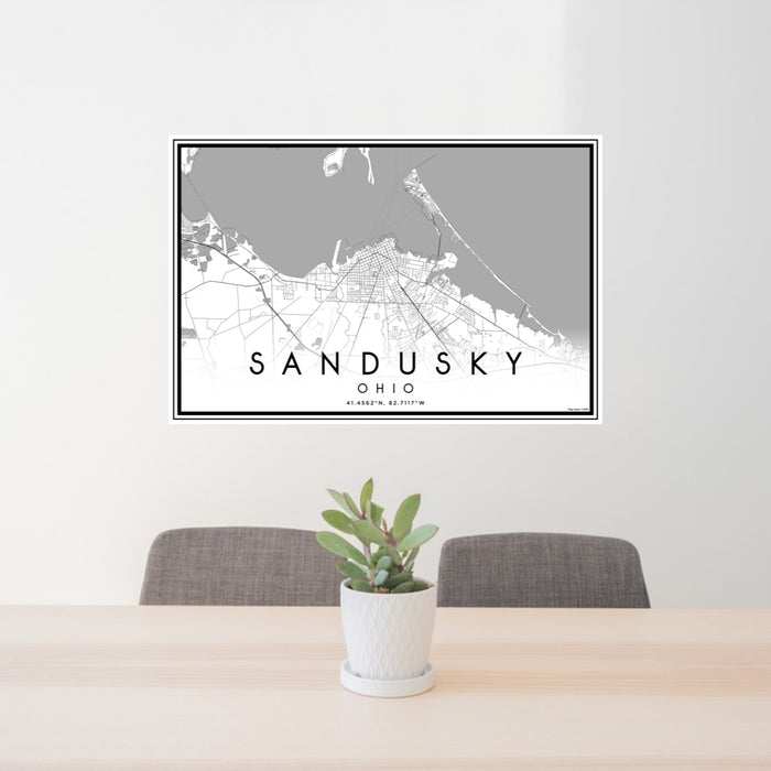 24x36 Sandusky Ohio Map Print Lanscape Orientation in Classic Style Behind 2 Chairs Table and Potted Plant
