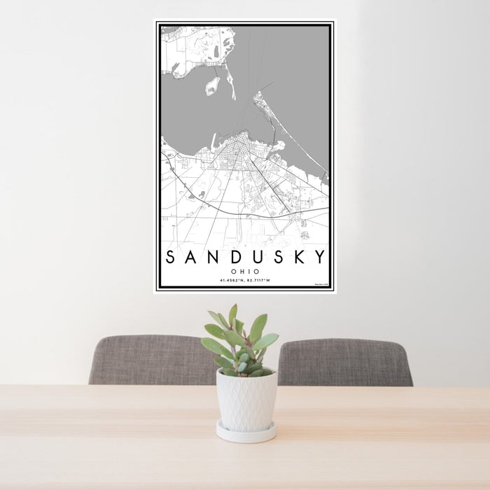 24x36 Sandusky Ohio Map Print Portrait Orientation in Classic Style Behind 2 Chairs Table and Potted Plant