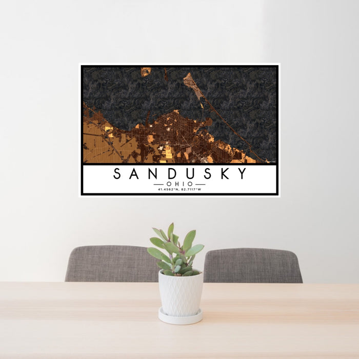 24x36 Sandusky Ohio Map Print Lanscape Orientation in Ember Style Behind 2 Chairs Table and Potted Plant