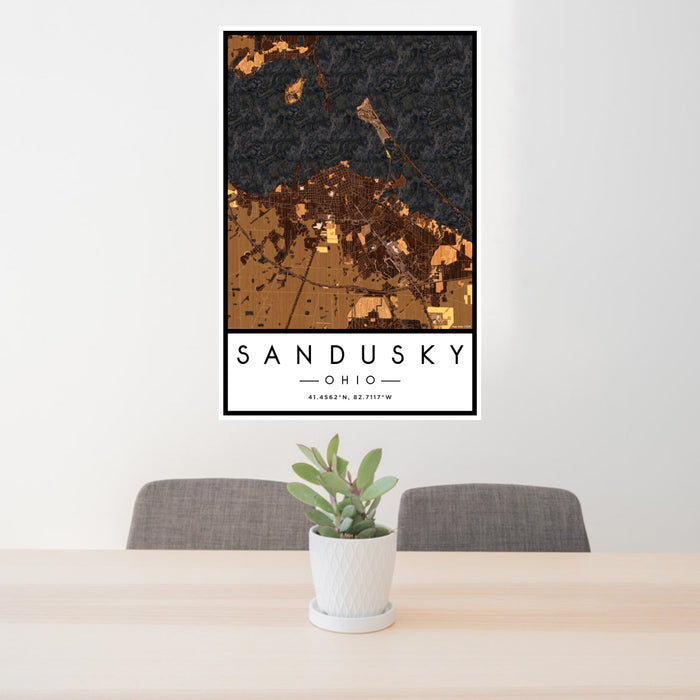 24x36 Sandusky Ohio Map Print Portrait Orientation in Ember Style Behind 2 Chairs Table and Potted Plant