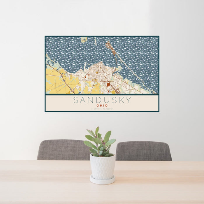 24x36 Sandusky Ohio Map Print Lanscape Orientation in Woodblock Style Behind 2 Chairs Table and Potted Plant