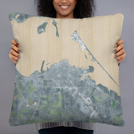 Person holding 22x22 Custom Sandusky Ohio Map Throw Pillow in Afternoon