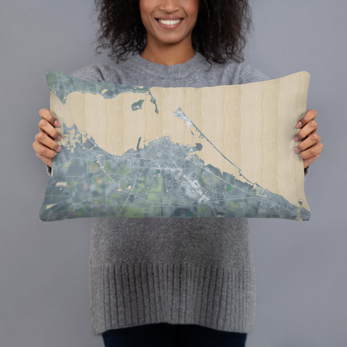Person holding 20x12 Custom Sandusky Ohio Map Throw Pillow in Afternoon