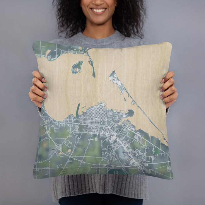 Person holding 18x18 Custom Sandusky Ohio Map Throw Pillow in Afternoon