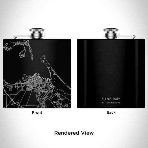 Rendered View of Sandusky Ohio Map Engraving on 6oz Stainless Steel Flask in Black