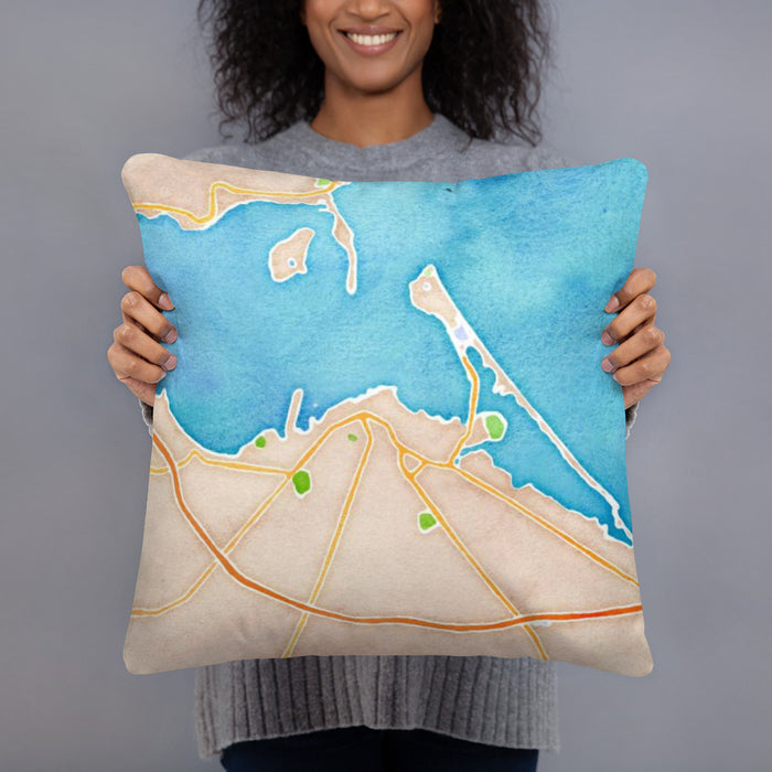 Person holding 18x18 Custom Sandusky Ohio Map Throw Pillow in Watercolor