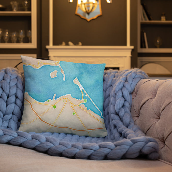 Custom Sandusky Ohio Map Throw Pillow in Watercolor on Cream Colored Couch