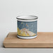 Front View Custom Sandusky Ohio Map Enamel Mug in Woodblock on Cutting Board
