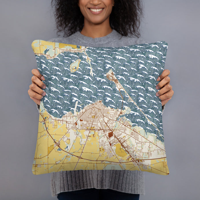 Person holding 18x18 Custom Sandusky Ohio Map Throw Pillow in Woodblock