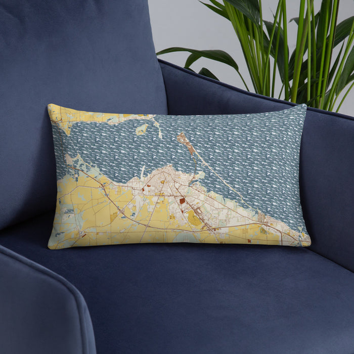 Custom Sandusky Ohio Map Throw Pillow in Woodblock on Blue Colored Chair