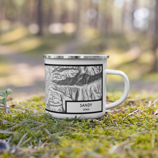 Right View Custom Sandy Utah Map Enamel Mug in Classic on Grass With Trees in Background