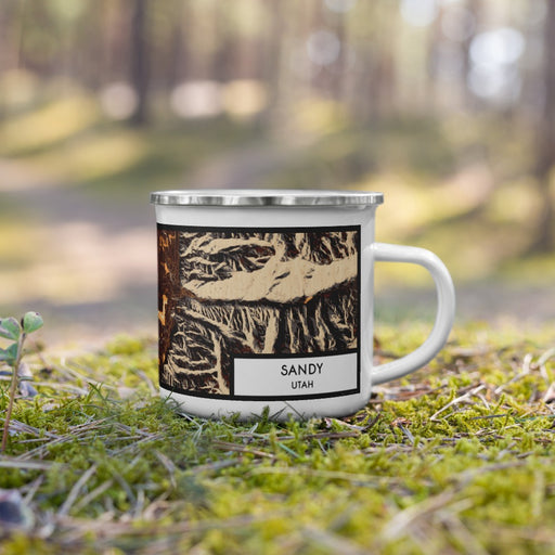 Right View Custom Sandy Utah Map Enamel Mug in Ember on Grass With Trees in Background