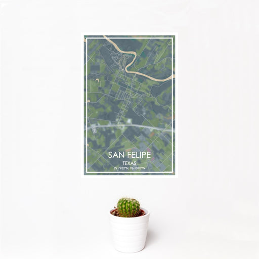 12x18 San Felipe Texas Map Print Portrait Orientation in Afternoon Style With Small Cactus Plant in White Planter