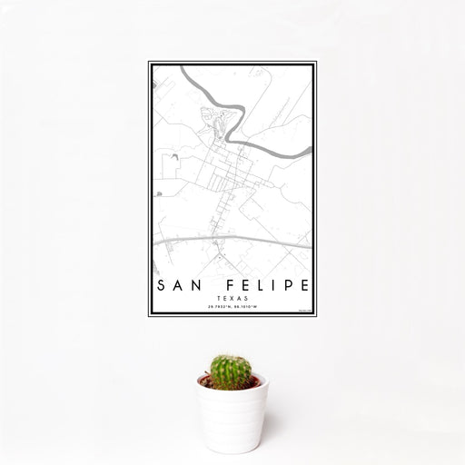 12x18 San Felipe Texas Map Print Portrait Orientation in Classic Style With Small Cactus Plant in White Planter