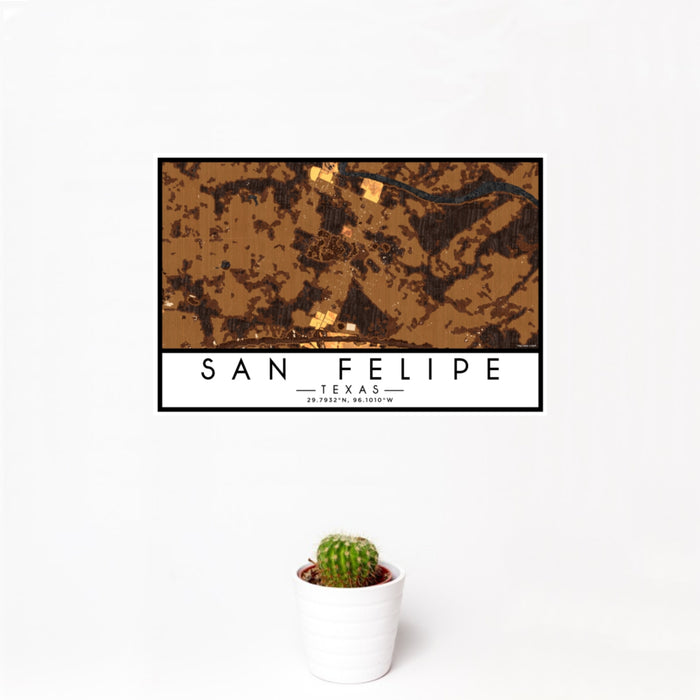 12x18 San Felipe Texas Map Print Landscape Orientation in Ember Style With Small Cactus Plant in White Planter