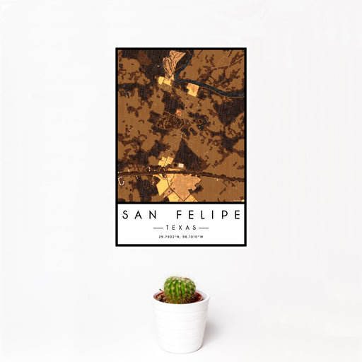 12x18 San Felipe Texas Map Print Portrait Orientation in Ember Style With Small Cactus Plant in White Planter