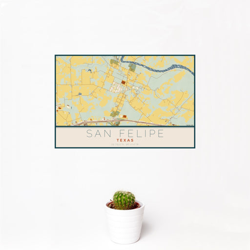 12x18 San Felipe Texas Map Print Landscape Orientation in Woodblock Style With Small Cactus Plant in White Planter