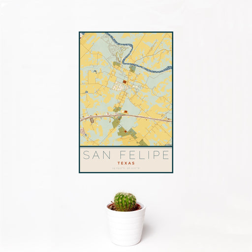12x18 San Felipe Texas Map Print Portrait Orientation in Woodblock Style With Small Cactus Plant in White Planter