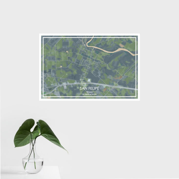 16x24 San Felipe Texas Map Print Landscape Orientation in Afternoon Style With Tropical Plant Leaves in Water