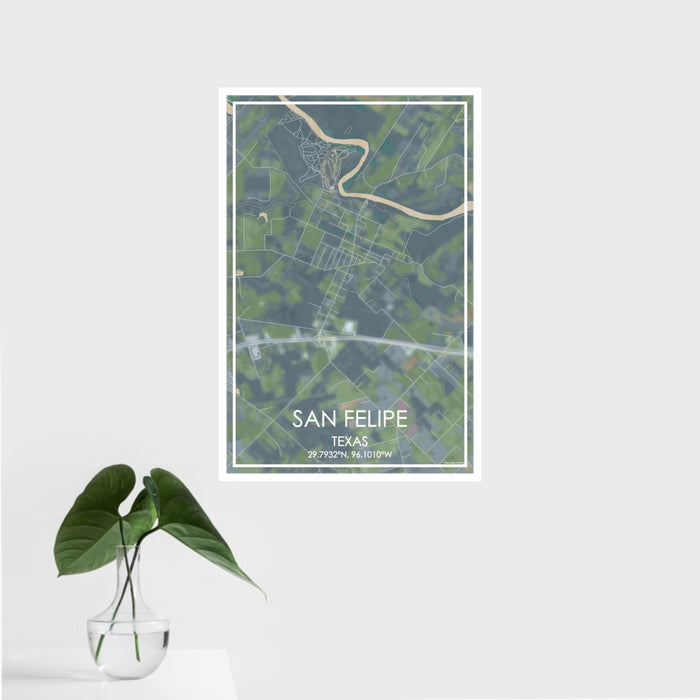 16x24 San Felipe Texas Map Print Portrait Orientation in Afternoon Style With Tropical Plant Leaves in Water