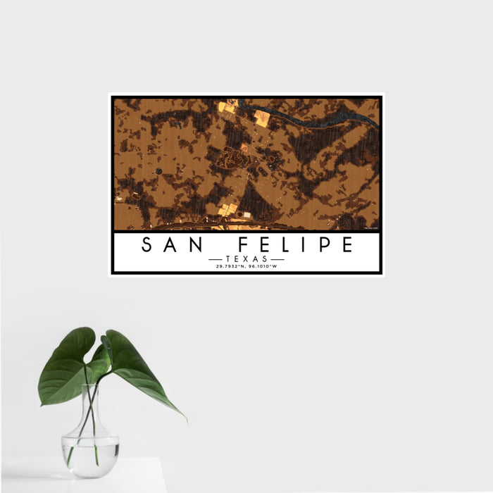 16x24 San Felipe Texas Map Print Landscape Orientation in Ember Style With Tropical Plant Leaves in Water