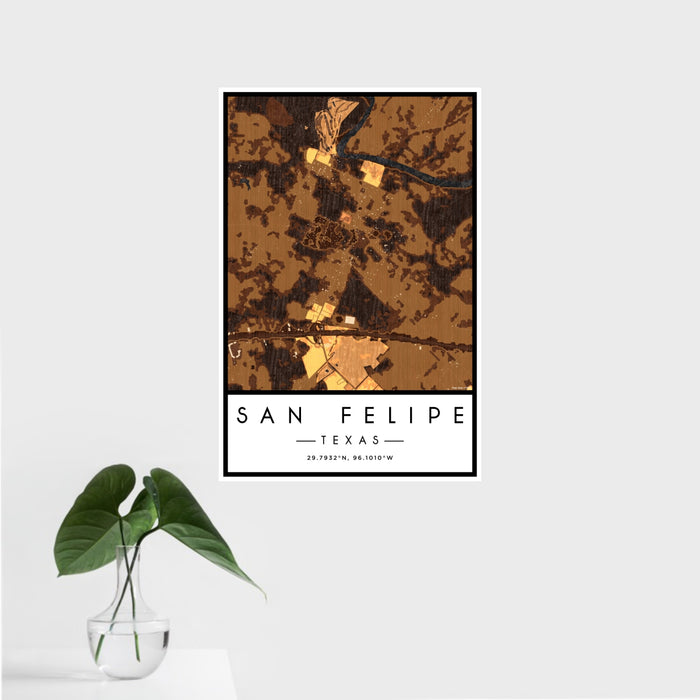 16x24 San Felipe Texas Map Print Portrait Orientation in Ember Style With Tropical Plant Leaves in Water